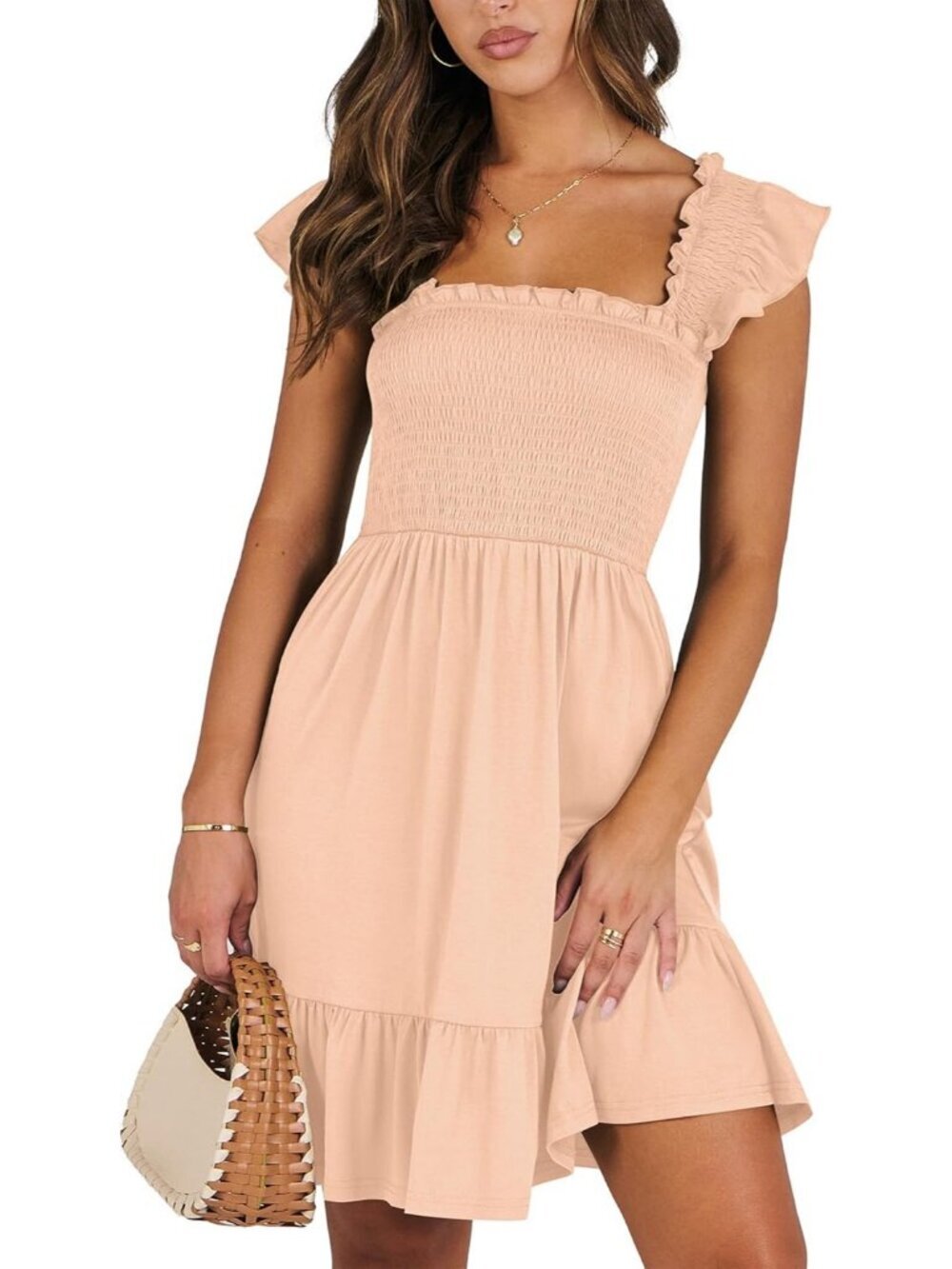 Women's Summer Sleeveless Square Neck Dress Apricot Smocked Ruffle Backless